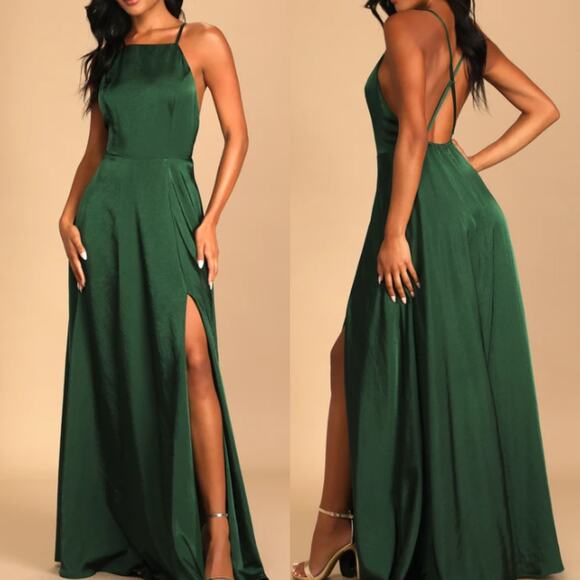LULU'S SZ M Total Beauty Emerald Green Satin Backless Maxi Dress NEW B152 - Picture 1 of 9